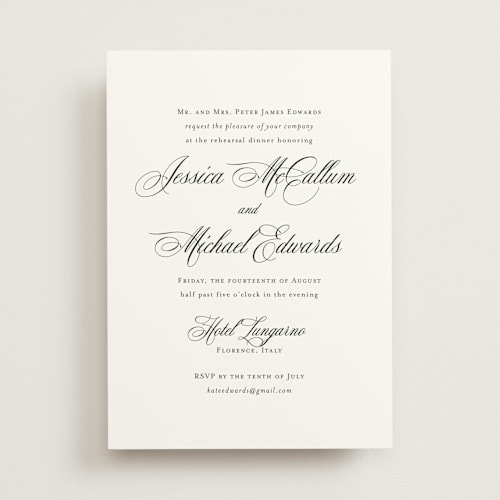 This is a cotton rehearsal dinner invitations with standard by Jennifer Postorino called empire printing on signature in standard