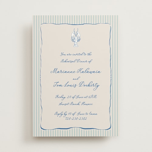 This is a marine rehearsal dinner invitations with standard by Lucrecia Caporale called seaside serenade printing on signature in standard