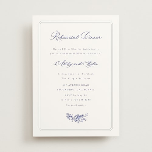 This is a dusty blue rehearsal dinner invitations with standard by Cass Loh called watercolor flowers crest printing on signature in standard