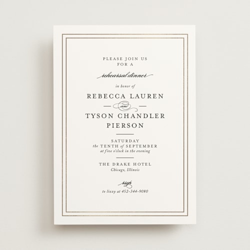 This is a goldenrod rehearsal dinner invitations with foil pressed by Kimberly FitzSimons called eloquence printing on signature in standard