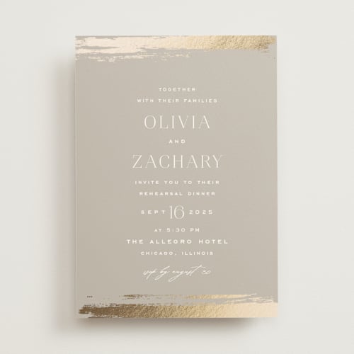 This is a clay rehearsal dinner invitations with foil pressed by Carolyn Nicks called true love printing on signature in standard
