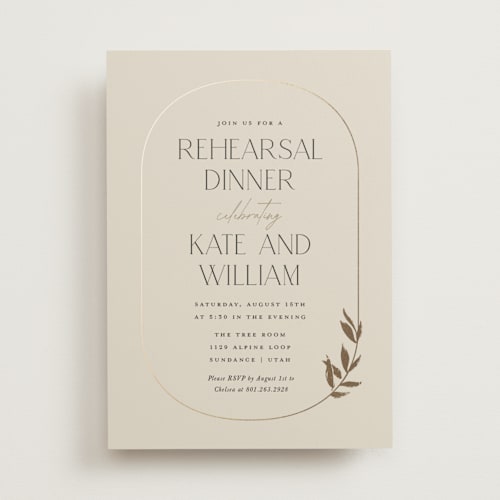 This is a sand rehearsal dinner invitations with foil pressed by Robert and Stella called locket printing on signature in standard