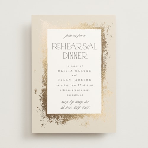 This is a champagne rehearsal dinner invitations with foil pressed by Creo Study called timeless glimmer printing on signature in standard