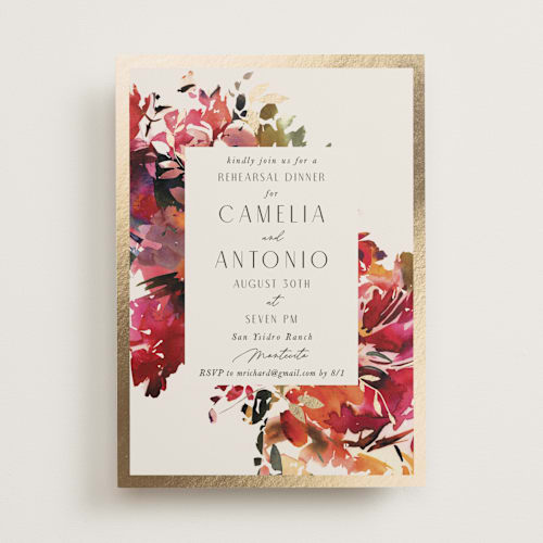This is a maroon rehearsal dinner invitations with foil pressed by Lori Wemple called floral printing on signature in standard