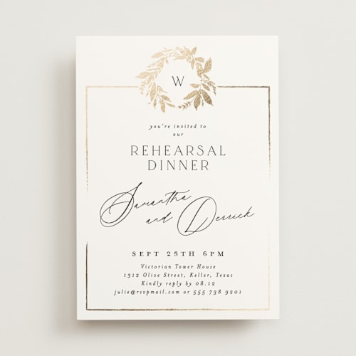 This is a silk rehearsal dinner invitations with foil pressed by Phrosné Barwood called monogram wreath printing on signature in standard