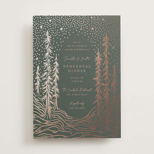 This is a forest rehearsal dinner invitations with foil pressed by Becky Nimoy called forest stars printing on signature in standard