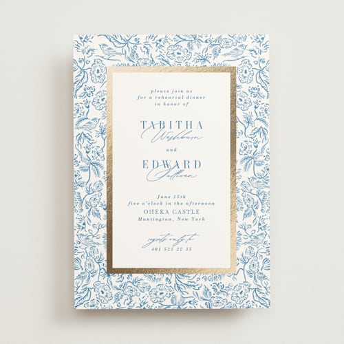 This is a cerulean rehearsal dinner invitations with foil pressed by Tamara Hilje called lavender fields printing on signature in standard