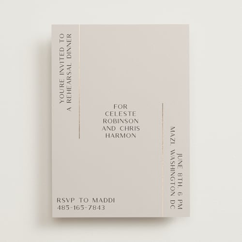 This is a taupe rehearsal dinner invitations with foil pressed by Gwen Bedat called modern day printing on signature in standard