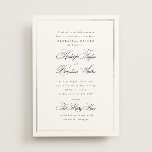 This is a snow rehearsal dinner invitations with foil pressed by Sarah Brown called traditionalist printing on signature in standard