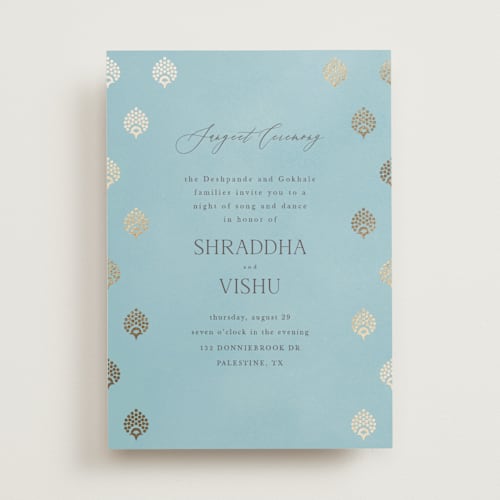 This is a celestial foil stamped wedding invitations with foil pressed by Deynaaz Daraei called shraddha printing on signature in standard