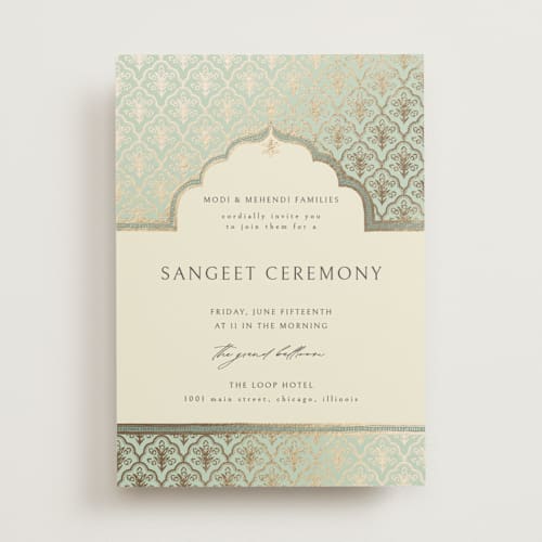 This is a aqua foil stamped wedding invitations with foil pressed by Pati Cascino called aatreya printing on signature in standard