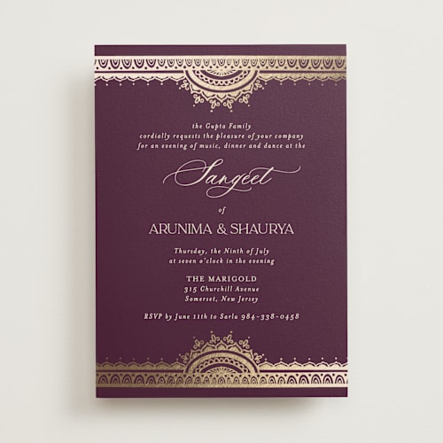 This is a plum foil stamped wedding invitations with foil pressed by Randi Cirelli called arunima printing on signature in standard
