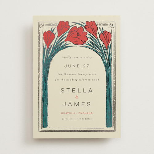 This is a birch foil stamped save the date cards with foil pressed by Shiny Penny Studio called deco spring florals printing on signature in standard