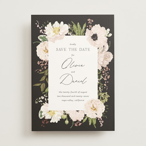 This is a champagne foil stamped save the date cards with foil pressed by Susan Moyal called timeless blooms printing on signature in standard