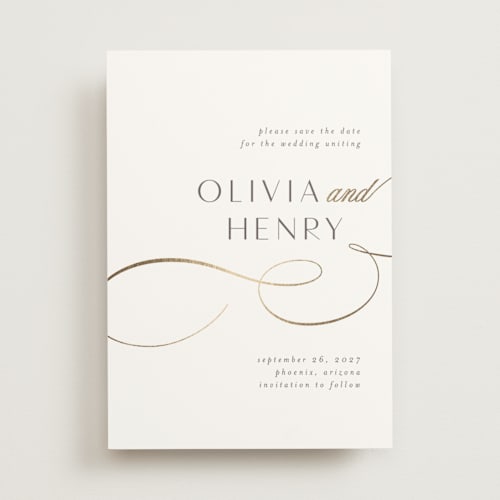 This is a snow foil stamped save the date cards with foil pressed by Jen Banks called forever and printing on signature in standard