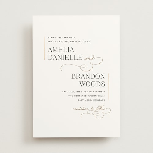 This is a sugar foil stamped save the date cards with foil pressed by Jessica Williams called flourish printing on signature in standard