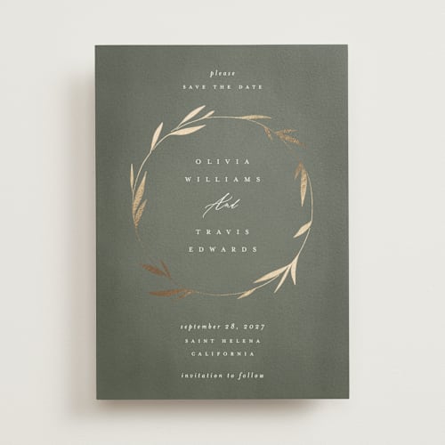 This is a moss foil stamped save the date cards with foil pressed by Kelly Schmidt called minimal circle printing on signature in standard