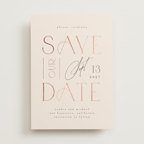 This is a cream foil stamped save the date cards with foil pressed by Ana de Sousa called cordially printing on signature in standard