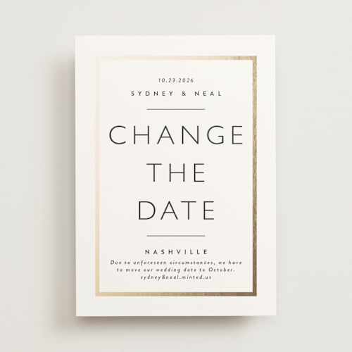 This is a silk foil stamped save the date cards with foil pressed by Stacey Meacham called modern quality printing on signature in standard