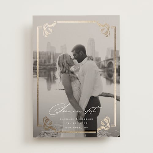 This is a ivory foil stamped save the date cards with foil pressed by Ana de Sousa called mirror printing on signature in standard