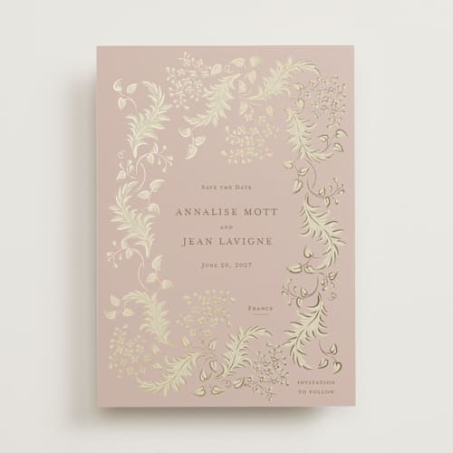 This is a rose foil stamped save the date cards with foil pressed by Ani Somi called french train printing on signature in standard