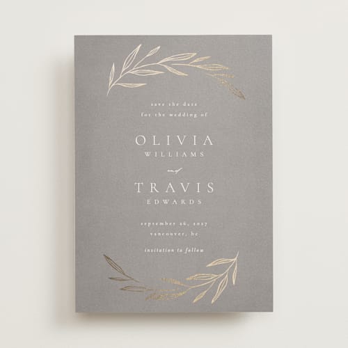 This is a mist foil stamped save the date cards with foil pressed by Kelly Schmidt called leaves printing on signature in standard