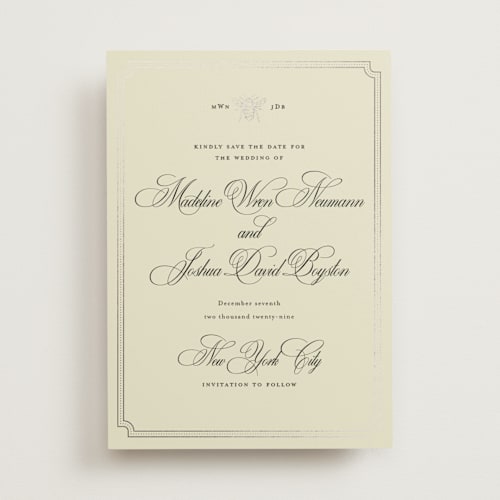 This is a cream foil stamped save the date cards with foil pressed by Jennifer Lew called honeybee printing on signature in standard