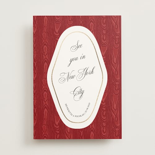 This is a crimson foil stamped save the date cards with foil pressed by Studio Suku called moiré printing on signature in standard