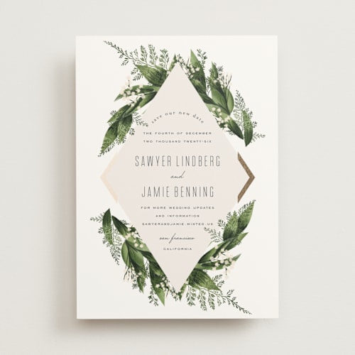 This is a forest foil stamped save the date cards with foil pressed by Leah Bisch called diamante printing on signature in standard