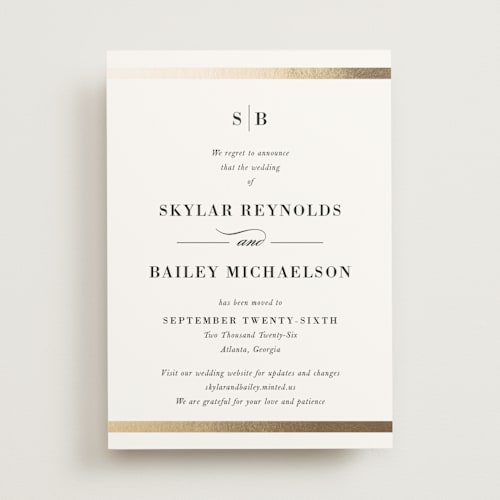 This is a snow foil stamped save the date cards with foil pressed by Stacey Meacham called classic monogram printing on signature in standard