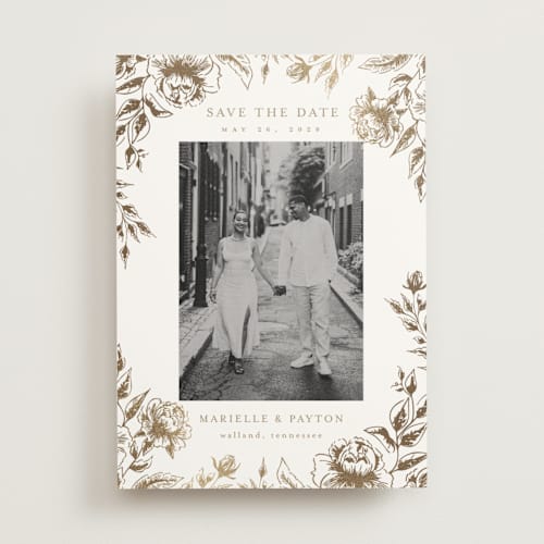 This is a wheat foil stamped save the date cards with foil pressed by Chris Griffith called wildflower date printing on signature in standard