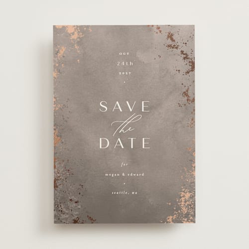 This is a concrete foil stamped save the date cards with foil pressed by Everett Paper Goods called plaster printing on signature in standard