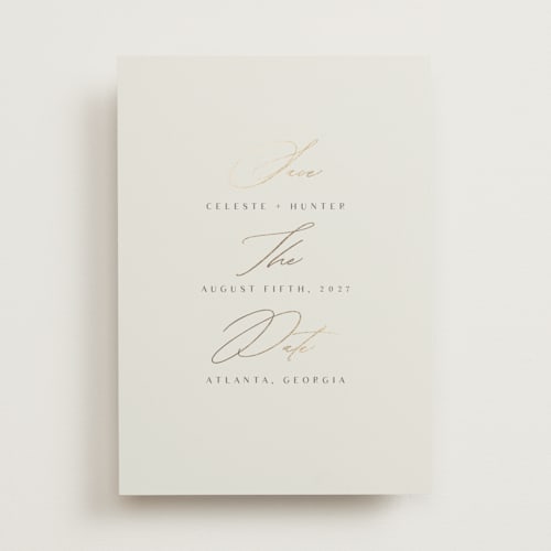 This is a mist foil stamped save the date cards with foil pressed by Lori Wemple called gallant printing on signature in standard