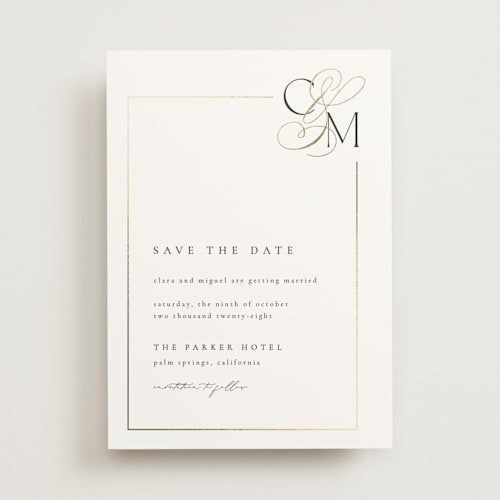 This is a silk foil stamped save the date cards with foil pressed by Kelly Schmidt called golden ampersand printing on signature in standard