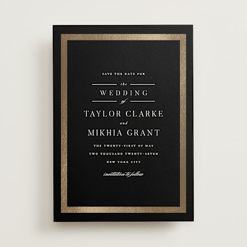 This is a black tie foil stamped save the date cards with foil pressed by Jennifer Postorino called adelaide printing on signature in standard