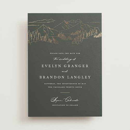 This is a hunter foil stamped save the date cards with foil pressed by Sarah Brown called peaks printing on signature in standard
