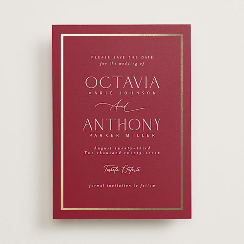 This is a ruby foil stamped save the date cards with foil pressed by Nicole Walsh called regal printing on signature in 5x7