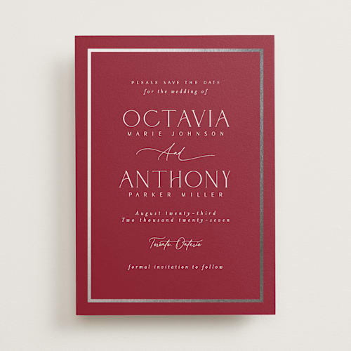 This is a ruby foil stamped save the date cards with foil pressed by Nicole Walsh called regal printing on signature in 5x7