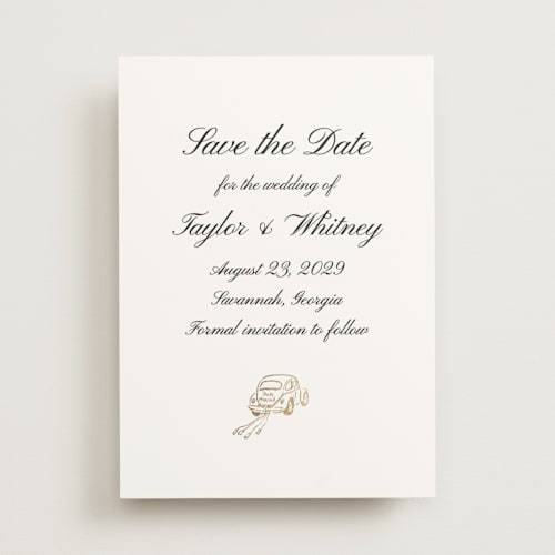 This is a snow foil stamped save the date cards with foil pressed by Cass Loh called joyride printing on signature in standard