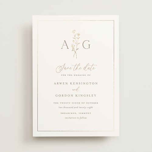 This is a chiffon foil stamped save the date cards with foil pressed by chocomocacino called kouignette printing on signature in standard