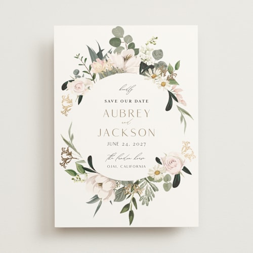 This is a verdant foil stamped save the date cards with foil pressed by Susan Moyal called country garden printing on signature in standard