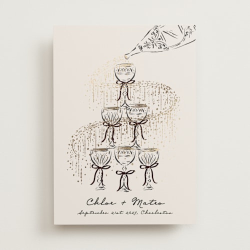 This is a noir foil stamped save the date cards with foil pressed by Jackie Crawford called sparkling champagne tower printing on signature in standard