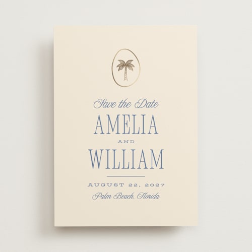 This is a ocean foil stamped save the date cards with foil pressed by Robert and Stella called madeira printing on signature in standard