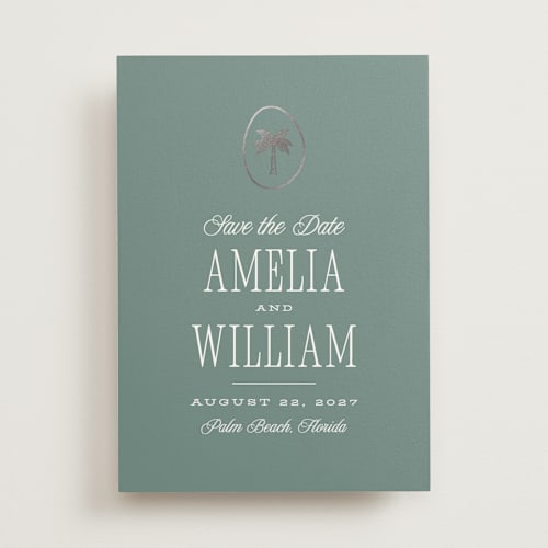 This is a harbor foil stamped save the date cards with foil pressed by Robert and Stella called madeira printing on signature in standard