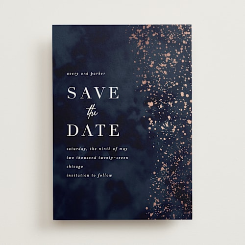 This is a midnight foil stamped save the date cards with foil pressed by Angela Marzuki called glistening stardust printing on signature in standard