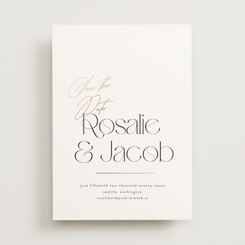 This is a snow foil stamped save the date cards with foil pressed by Itsy Belle Studio called aula printing on signature in standard
