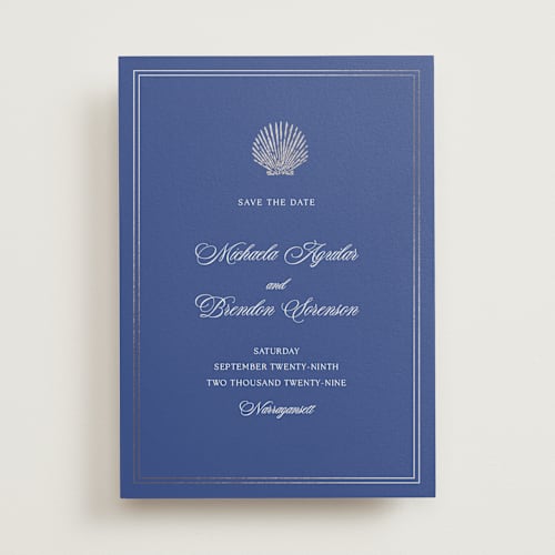This is a cobalt foil stamped save the date cards with foil pressed by Griffinbell Paper Co. called seaside printing on signature in standard