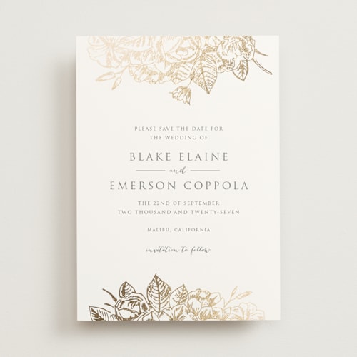 This is a golden foil stamped save the date cards with foil pressed by Rochelle Renee called gilded wildflowers printing on signature in standard