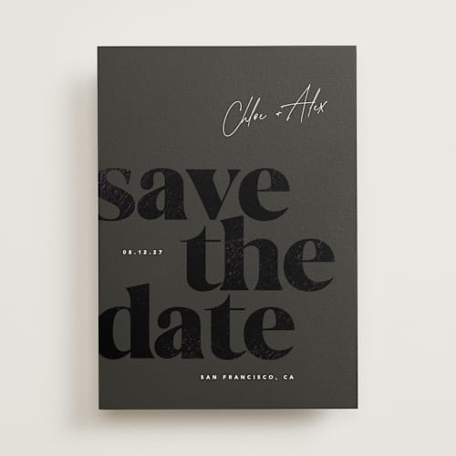 This is a evening foil stamped save the date cards with foil pressed by Eric Clegg called retro printing on signature in standard