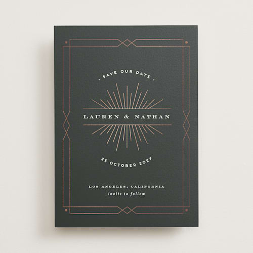 This is a midnight foil stamped save the date cards with foil pressed by Shirley Lin Schneider called vintage glam printing on signature in standard